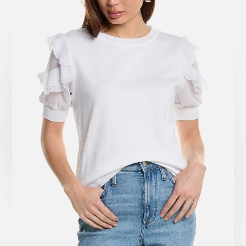 NEW Nanette Lepore White Chiffon  Ruffle Sleeve Pull over Crew Neck Sweater